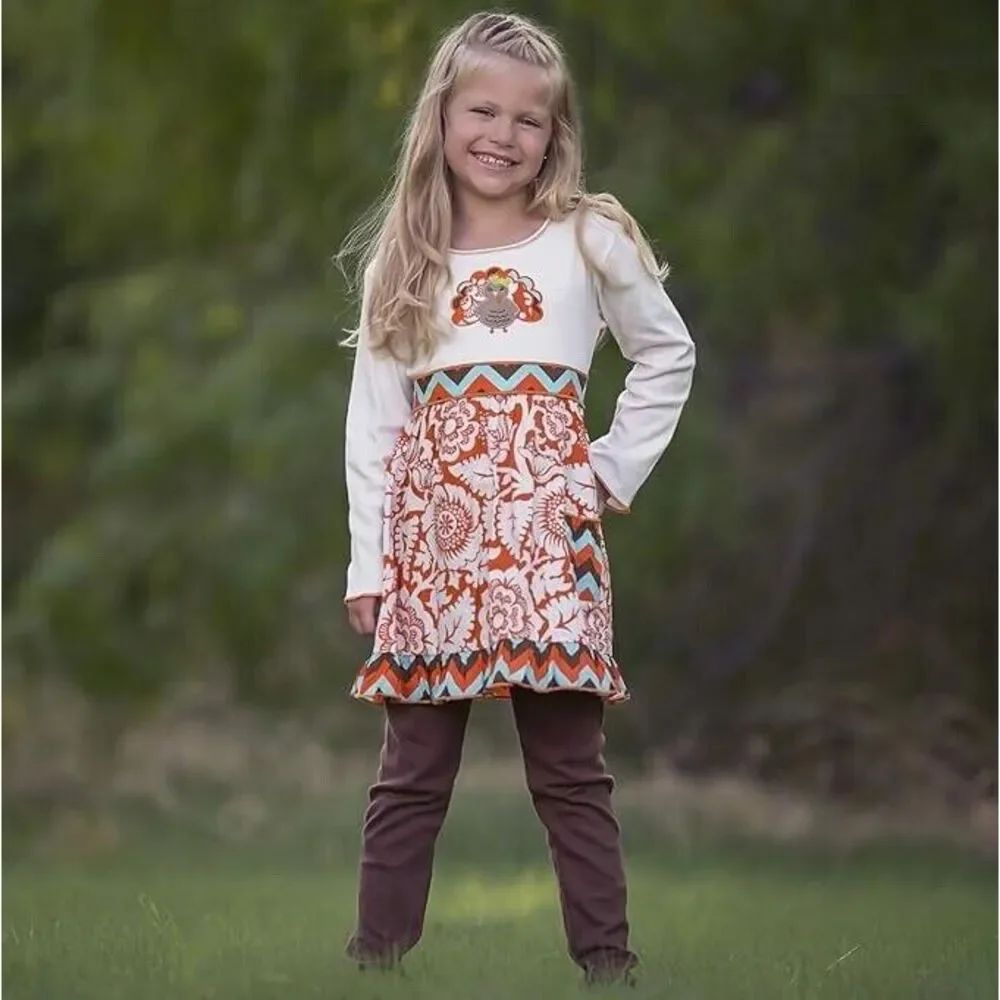 Ann Loren BNWT Girl's Thanksgiving Outfit‎ Chevron Turkey Dress Size 4-5